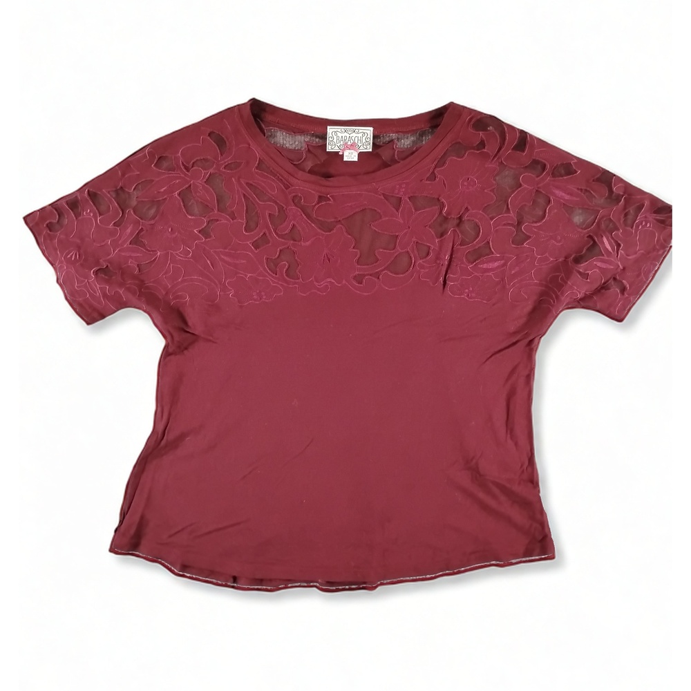 Baraschi Floral Lace Overlay Blouse Size XS Viscose Short Sleeve Cottagecore Top
